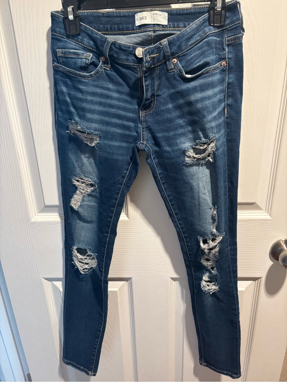 BKE Women's Distressed Skinny Jeans - Dark Blue